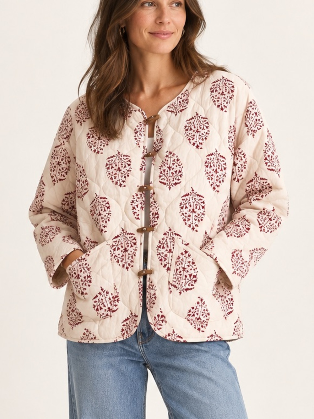 Quilted Cotton Jacket by Sonmer, Boho Cream with Red Botanical Print, Small
